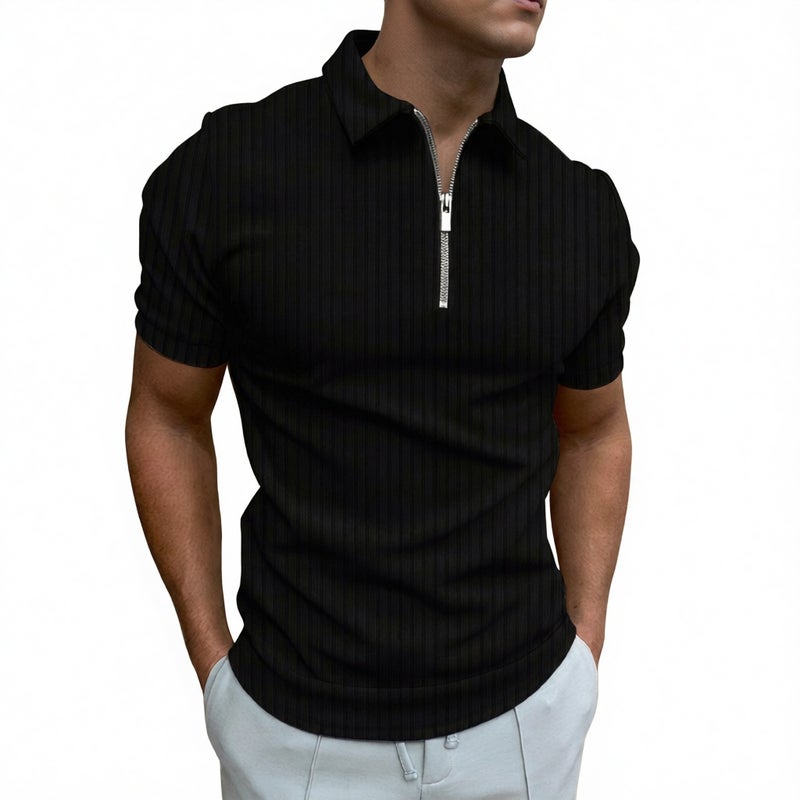 Men's Striped Polo Neck Short Sleeve T-Shirt with Zipper - Image 1