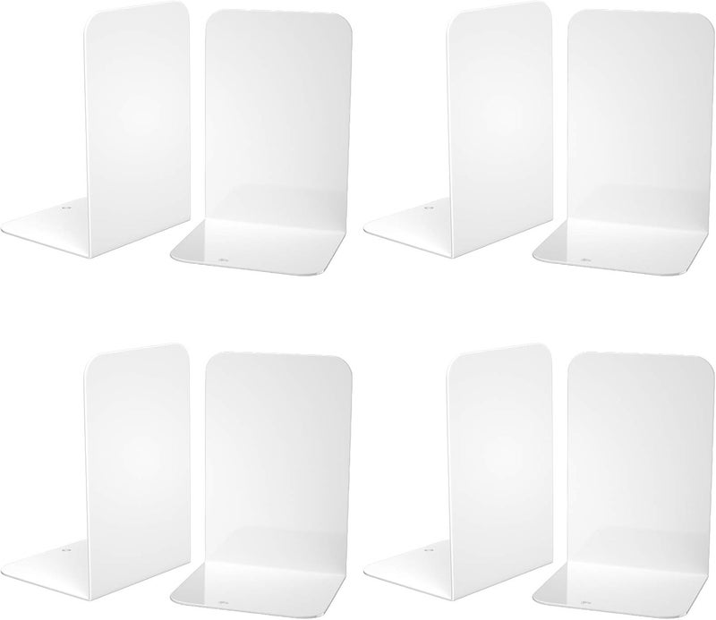 VFINE Bookends 4 Pairs, White Metal Book Ends, Bookends for Shelves, Book Stopper for Heavy Books, Book Dividers for Home Office - Image 1