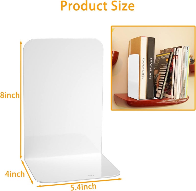 VFINE Bookends 4 Pairs, White Metal Book Ends, Bookends for Shelves, Book Stopper for Heavy Books, Book Dividers for Home Office - Image 2