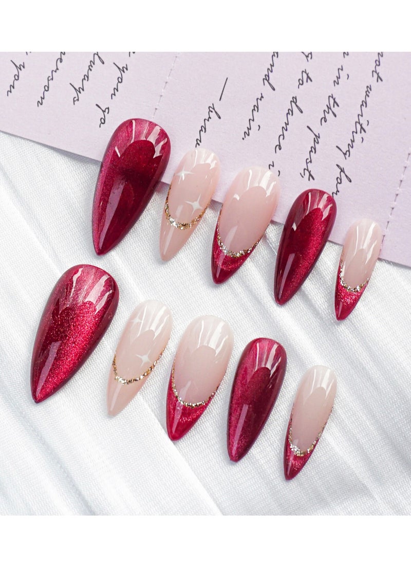 Artist Design/Festive Elegance Red French (Handmade)/Press On nails/Luxury Hand Painted/Long Almond/10 PCS/S Size - Image 1