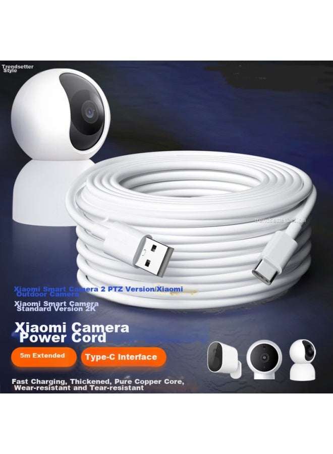 trendsetter متوافق مع كاميرا شاومي 2 نسخة يونتاي القياسية 2k، كاميرا مراقبة خارجية جديدة، كابل تمديد طاقة بطول 5 أمتار نوع-سي كابل شحن بيانات مطول - Image 1