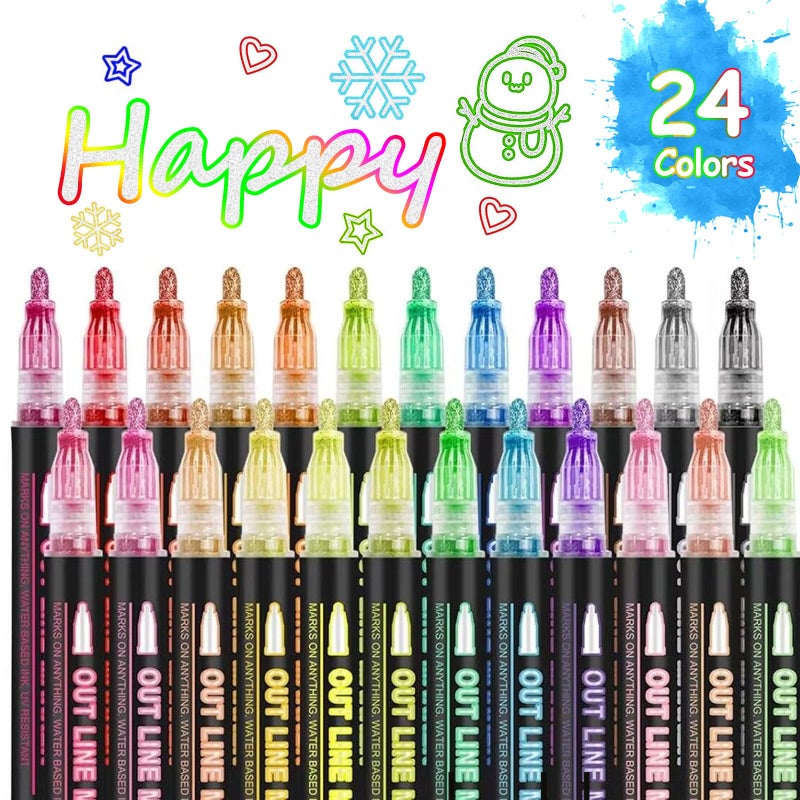 OUNIY Easter Basket Stuffers for Teens, Double Line Outline Markers 24 Colors Super Squiggles Glitter Markers Self Outline Metallic Marker, Doodle Shimmer Marker for Easter Gift, Birthday, DIY Art Crafts - Image 1
