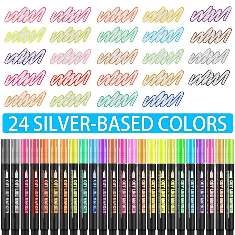 OUNIY Easter Basket Stuffers for Teens, Double Line Outline Markers 24 Colors Super Squiggles Glitter Markers Self Outline Metallic Marker, Doodle Shimmer Marker for Easter Gift, Birthday, DIY Art Crafts - Image 2