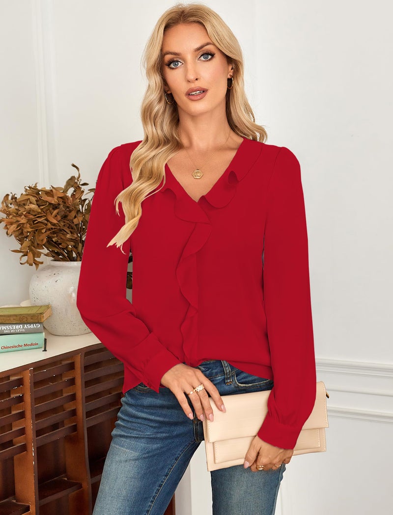 Halife Red Blouses for Women Dressy Elegant Long Sleeve Ruffle Tops Casual V Neck Work Shirts S - Image 3