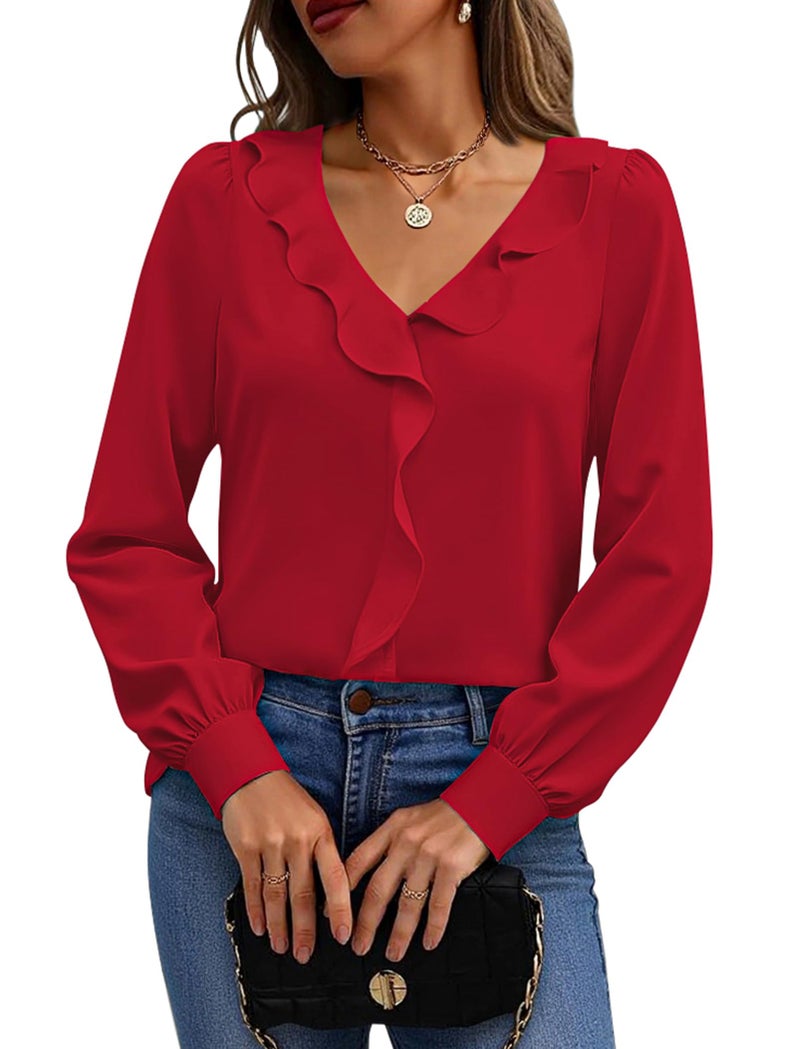 Halife Red Blouses for Women Dressy Elegant Long Sleeve Ruffle Tops Casual V Neck Work Shirts S - Image 1