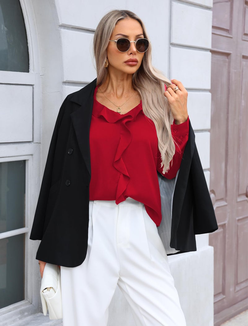 Halife Red Blouses for Women Dressy Elegant Long Sleeve Ruffle Tops Casual V Neck Work Shirts S - Image 5