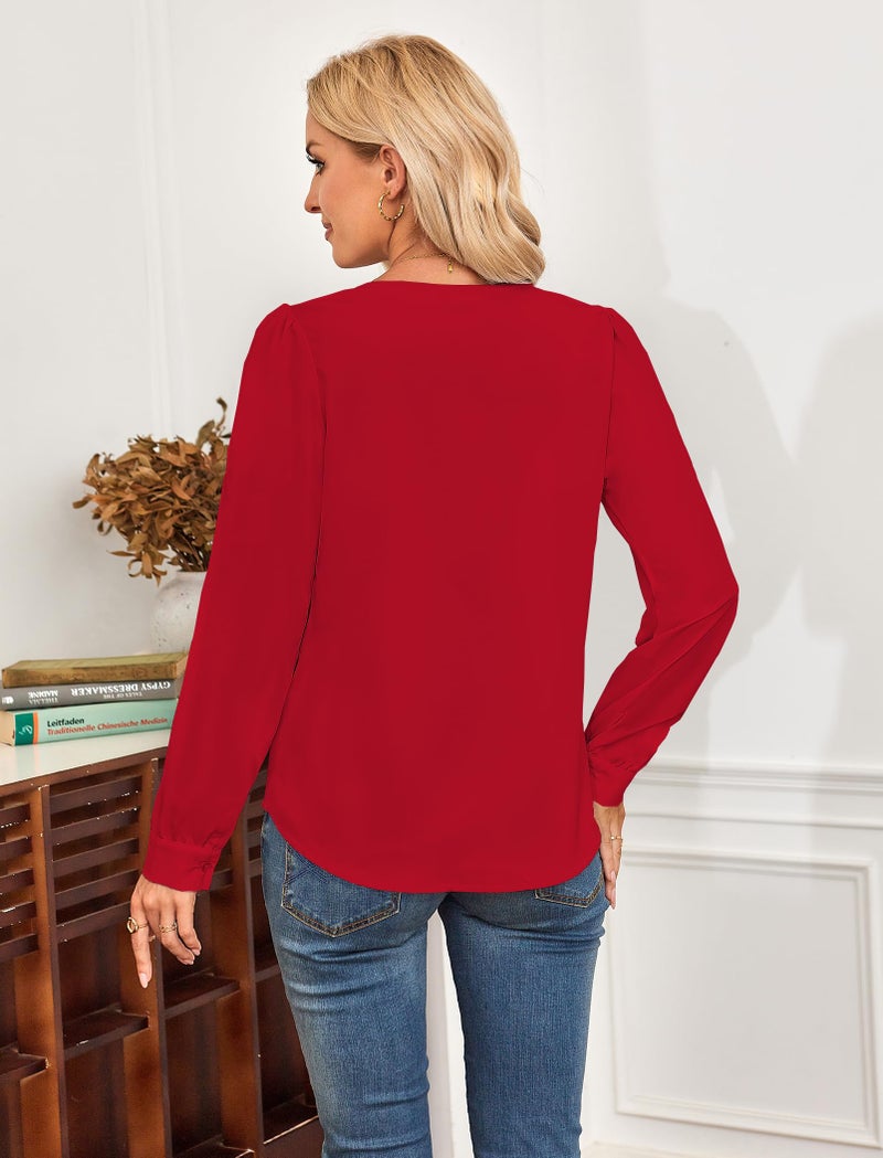 Halife Red Blouses for Women Dressy Elegant Long Sleeve Ruffle Tops Casual V Neck Work Shirts S - Image 4