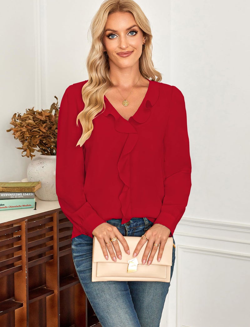 Halife Red Blouses for Women Dressy Elegant Long Sleeve Ruffle Tops Casual V Neck Work Shirts S - Image 2