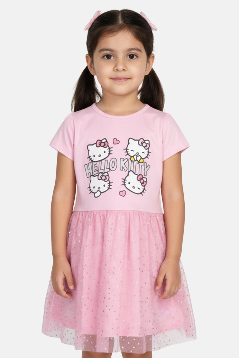 Hello Kitty by Sanrio Toddlers Girl Brand Logo short Sleeve Dress, Pink - Image 1