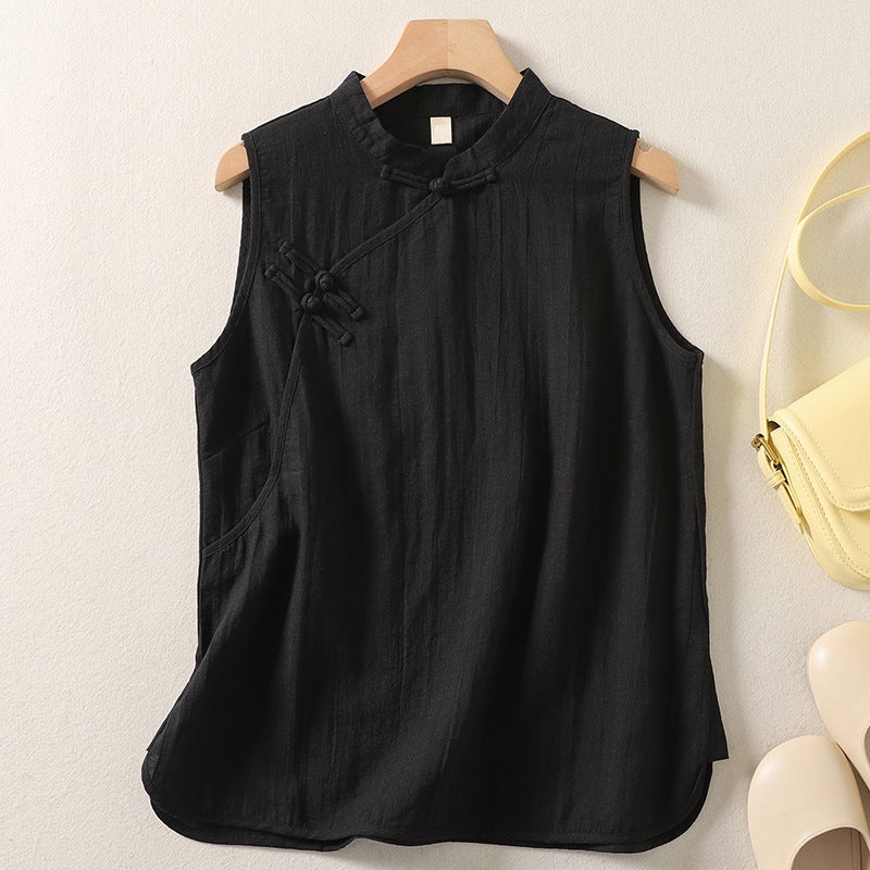 Summer Guofeng Cotton and Linen Vest Chinese Artistic Retro Buckle Slant Placket Sleeveless Shirt with Vertical Collar Old Loose Tea Clothes White - Image 3