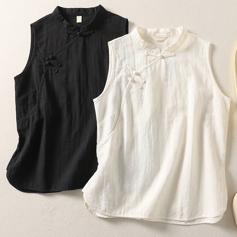 Summer Guofeng Cotton and Linen Vest Chinese Artistic Retro Buckle Slant Placket Sleeveless Shirt with Vertical Collar Old Loose Tea Clothes White - Image 2