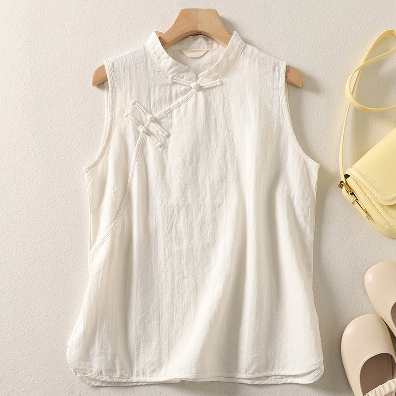 Summer Guofeng Cotton and Linen Vest Chinese Artistic Retro Buckle Slant Placket Sleeveless Shirt with Vertical Collar Old Loose Tea Clothes White - Image 4