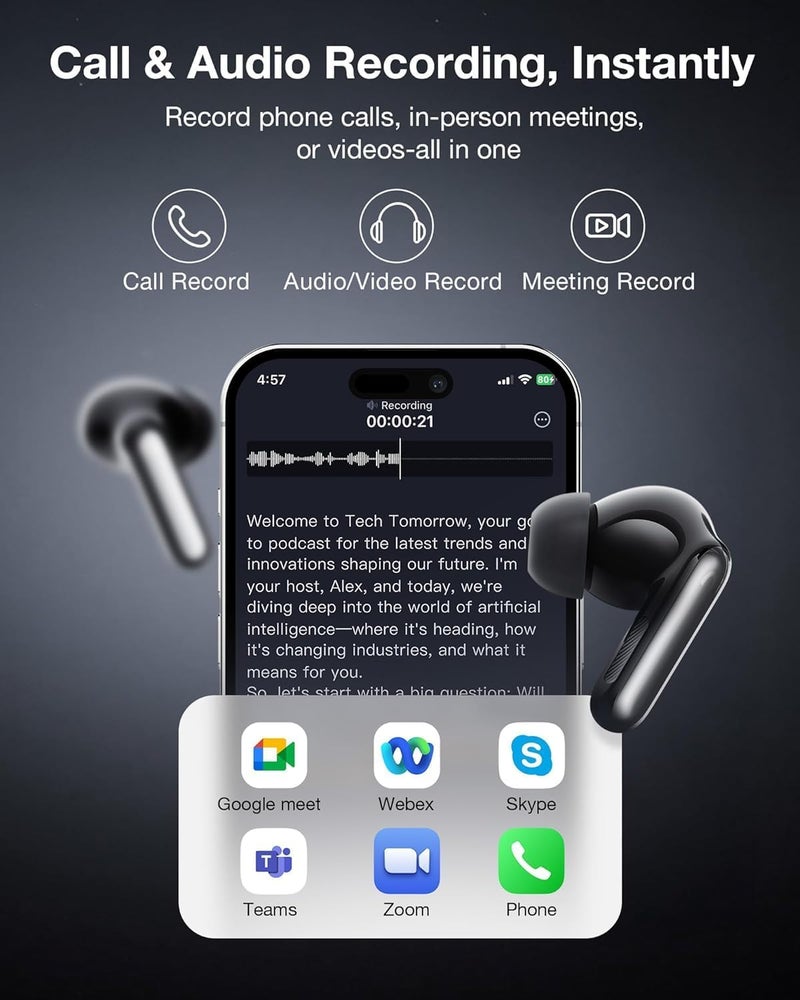 Viaim RecDot AI Earbuds - AI Meeting Assistant with Real-Time Transcription & Translation (16 Languages), FlashRecord, 48dB ANC, To-Do Lists & Summaries - Black - Image 2