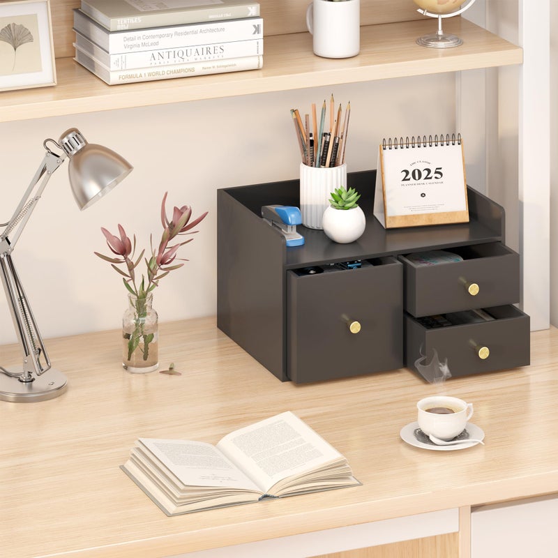 Xadgve Bamboo Desk Organizer - Stackable, No Assembly Required, Ideal for Office/Home Use - Perfect for Toiletries, Stationery, Accessories. (Black, Square drawer to the left of the fence) - Image 3