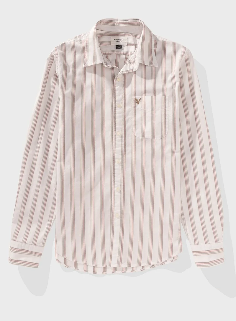 امريكان ايجل Embroidered Logo Stripe Slim Fit Oxford Shirt