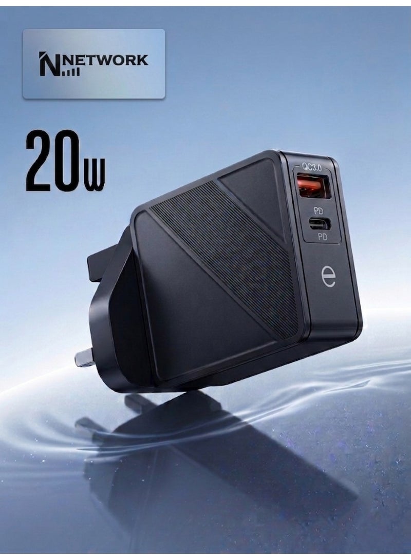 Network شاحن جداري سريع الشحن بقوة 20 واط، منفذ Type-C PD | شاحن سريع USB-A QC 3.0 - حجم صغير ومناسب للشحن - متوافق مع هواتف S25، S24، S23، S22، S21، S20 Ultra، S24+، S23+، S22+، S21+، A53، A15، A54، Fold، Flip، Honor، Xiaomi، Redmi - Image 1