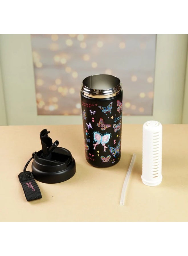 LITTLE SURPRISE BOX Black Butterfly Stainless Steel premium Insulated Detox Infuser Bottle with Tea and Fruit Infuser attachment, 550ml  - Image 3