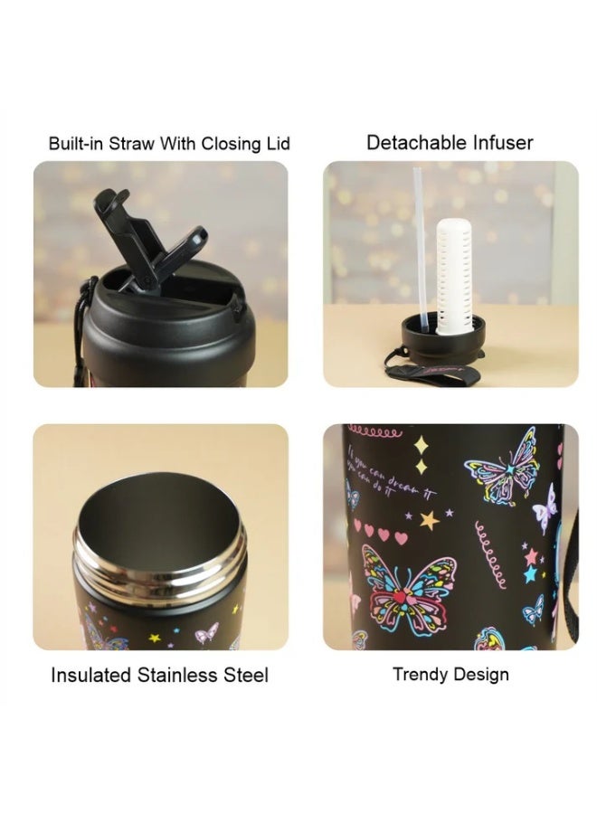 LITTLE SURPRISE BOX Black Butterfly Stainless Steel premium Insulated Detox Infuser Bottle with Tea and Fruit Infuser attachment, 550ml  - Image 5