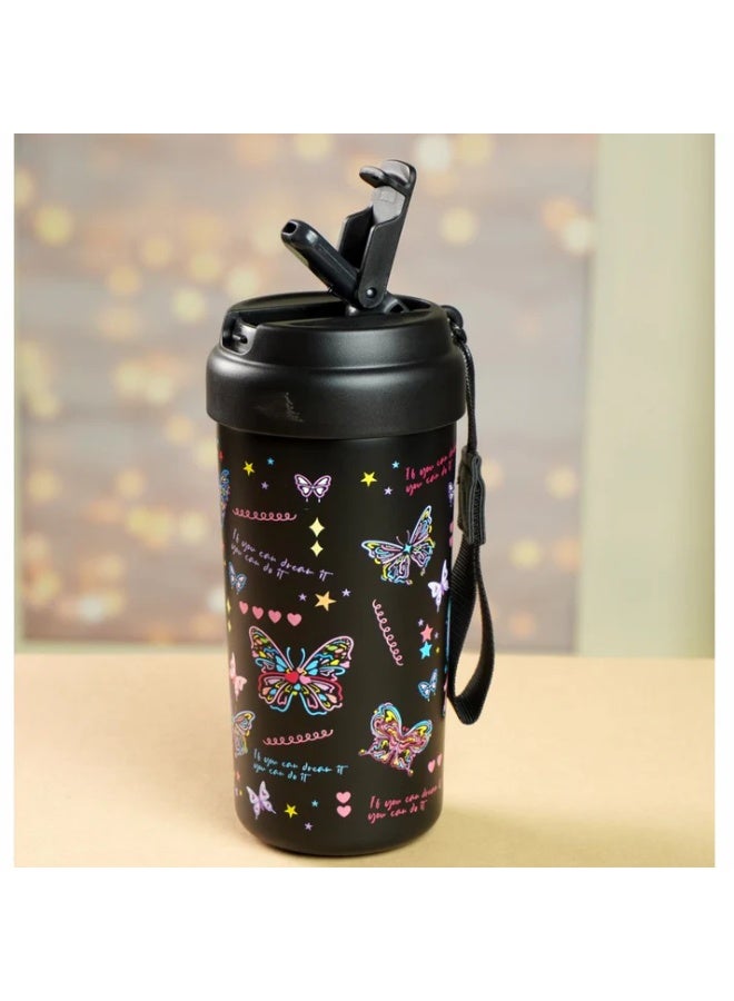 LITTLE SURPRISE BOX Black Butterfly Stainless Steel premium Insulated Detox Infuser Bottle with Tea and Fruit Infuser attachment, 550ml  - Image 2
