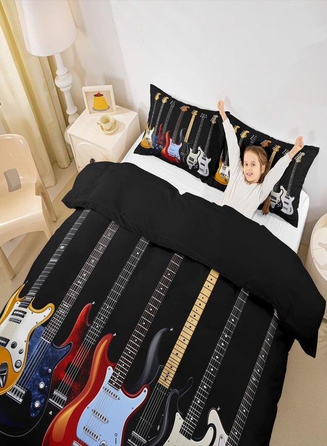 Feelyou Guitar Printed Bedding Set Teens Rock Music Themed Duvet Cover for Kids Children Adults Colorful Musical Pattern Comforter Cover Hip Hop Stripe Style Bedspread Cover Bedroom Decor 3Pcs Queen Size - Image 5