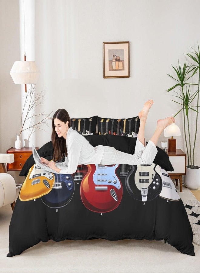 Feelyou Guitar Printed Bedding Set Teens Rock Music Themed Duvet Cover for Kids Children Adults Colorful Musical Pattern Comforter Cover Hip Hop Stripe Style Bedspread Cover Bedroom Decor 3Pcs Queen Size - Image 3