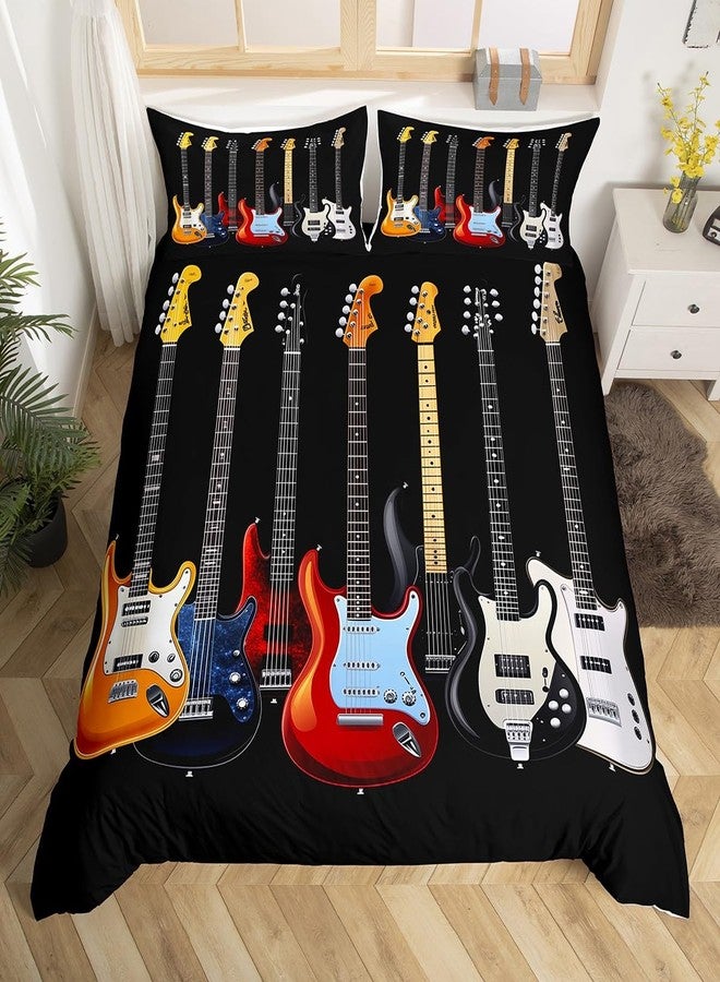 Feelyou Guitar Printed Bedding Set Teens Rock Music Themed Duvet Cover for Kids Children Adults Colorful Musical Pattern Comforter Cover Hip Hop Stripe Style Bedspread Cover Bedroom Decor 3Pcs Queen Size - Image 1