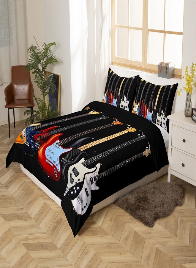 Feelyou Guitar Printed Bedding Set Teens Rock Music Themed Duvet Cover for Kids Children Adults Colorful Musical Pattern Comforter Cover Hip Hop Stripe Style Bedspread Cover Bedroom Decor 3Pcs Queen Size - Image 2