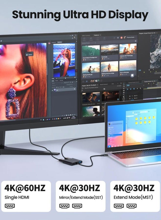 Fophmo USB C to Dual HDMI Adapter, 4K@60Hz with 100W PD, USB-A, Support C to 2 HD Splitter Extended Display for Type C Devices (MST is not Supported on MacOS) (Black, 3 * 0.6 * 4in) - Image 3