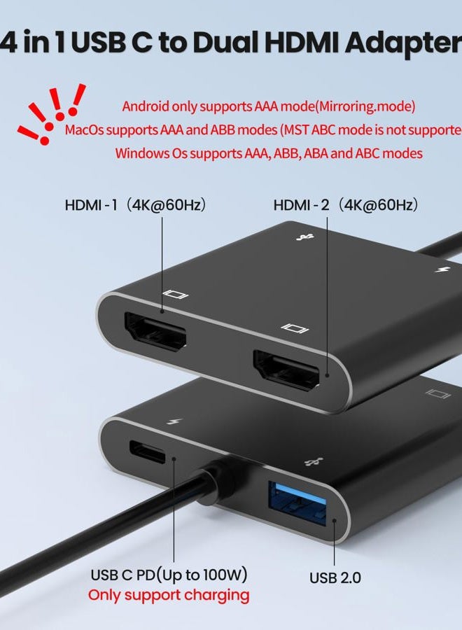 Fophmo USB C to Dual HDMI Adapter, 4K@60Hz with 100W PD, USB-A, Support C to 2 HD Splitter Extended Display for Type C Devices (MST is not Supported on MacOS) (Black, 3 * 0.6 * 4in) - Image 2