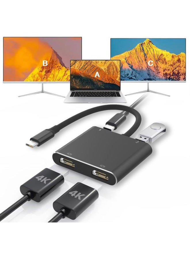 Fophmo USB C to Dual HDMI Adapter, 4K@60Hz with 100W PD, USB-A, Support C to 2 HD Splitter Extended Display for Type C Devices (MST is not Supported on MacOS) (Black, 3 * 0.6 * 4in) - Image 1