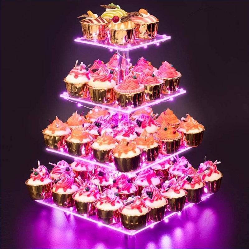 YestBuy Cupcake Stand  Premium Cupcake Holder  Cady Bar Party Dcor  4 Tier Acrylic Tower Display for Pastry  LED Light String  Ideal for Weddings Birthday Pink Light