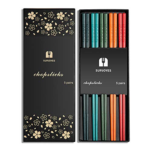 SUPJOYES 5 Pairs Fiberglass Chopsticks - Multicolor Reusable Chopsticks Dishwasher Safe, Japanese Chinese Chop Sticks with Cherry Blossom Pattern, 9 1/2 Inches - Image 1