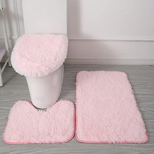 SEAHOME Bathroom Rug Sets 3 Piece Non Slip, Toilet Lid Cover and Contour Mat, Bath Mats Shower Mats Bath Rug Mat for Tub Toilet Bathroom (Pink) - Image 1