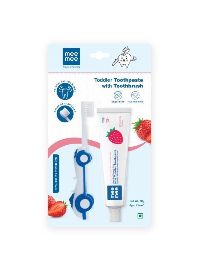 Mee Mee Fluoride-Free Kids Toothpaste for Toddlers with Soft Bristles Toothbrush | Strawberry Flavour | Safe to Swallow | Foldable Car-Shaped Brush | Gentle Oral Care for Children (1+ Years, Blue)
