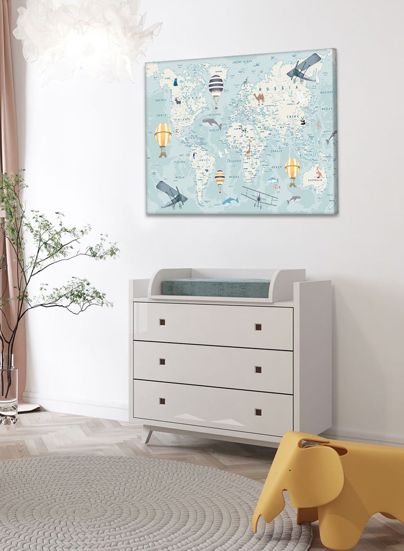 LOWHA Framed Canvas Wall Art Stretched Over Wooden Frame with World Map With Animals Painting, For Home, Living Room, Office Decor - Image 3