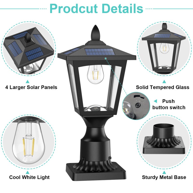 Greluna Solar Post Lights, 6000K Dusk to Dawn Solar Lamp Post Light with Pier Mount Base, Solar Post Lights Outdoor Waterproof for Garden Yard Landscape Pole Pillar, Outside Decorative Lamp(Cool White) - Image 5