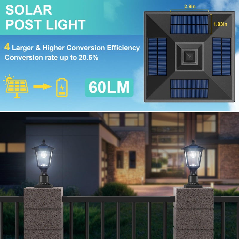 Greluna Solar Post Lights, 6000K Dusk to Dawn Solar Lamp Post Light with Pier Mount Base, Solar Post Lights Outdoor Waterproof for Garden Yard Landscape Pole Pillar, Outside Decorative Lamp(Cool White) - Image 2