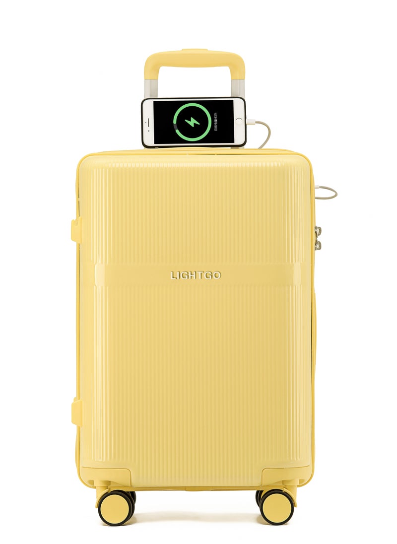 LIGHTGO - LIGHTGO 7624 yellow 20" carry-on cabin Suitcase luggage with TSA Lock travel case YKK zipper power bank pocket 100% PC light weight luggage - Image 1