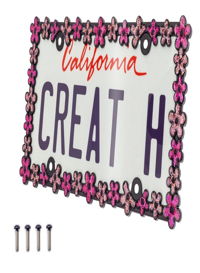 Creathome 3D Shining Daisy Wrenth License Plate Frame from Pure Zinc Alloy Metal Perfect Plate Holder,Matt Black with Pink Glitter - Image 1