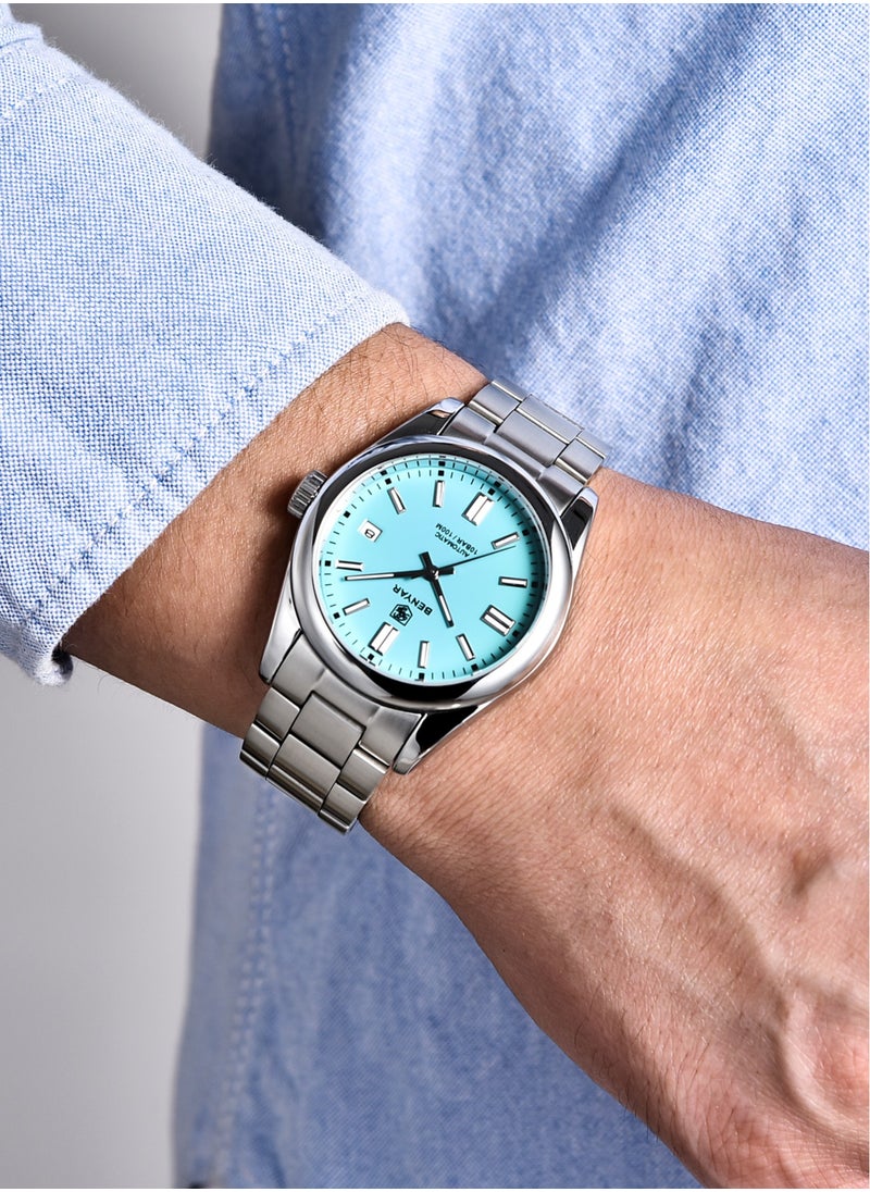 BENYAR Men's Fashion Automatic Mechanical Watches, 39MM Stainless Steel Waterproof Frame, Silver Blue Dial, Luxurious Elegant, Silver Steel Band BY5185  - Image 2