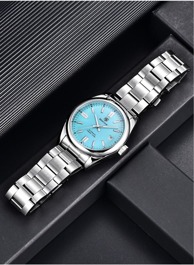 BENYAR Men's Fashion Automatic Mechanical Watches, 39MM Stainless Steel Waterproof Frame, Silver Blue Dial, Luxurious Elegant, Silver Steel Band BY5185  - Image 5