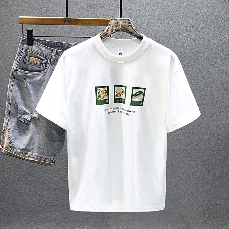 2024 Trendy Brand Short Sleeve Men'S Heavy Youth National Fashion Comfortable Design Sense Loose All-Match Half Sleeve T-Shirt - Image 1