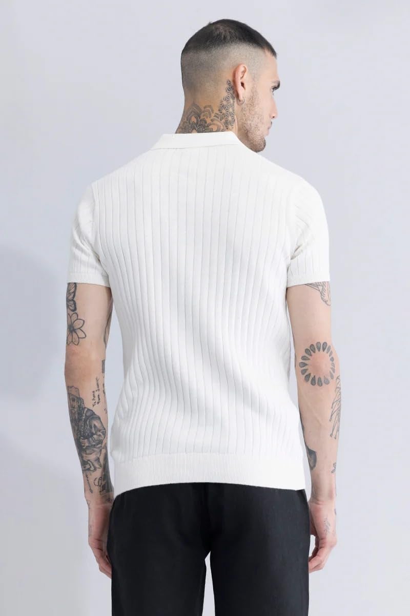 Veirdo® Men’s Casual Ribbed Polo Collar Knit T-Shirt | Slim Fit Short Sleeve Polo for Men | Flat Knit Textured T-Shirt Perfect for Office, Party, Travel (Polo_FK1_WT_XL) White - Image 4