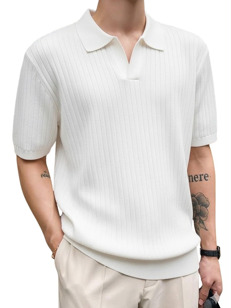 Veirdo® Men’s Casual Ribbed Polo Collar Knit T-Shirt | Slim Fit Short Sleeve Polo for Men | Flat Knit Textured T-Shirt Perfect for Office, Party, Travel (Polo_FK1_WT_XL) White - Image 1