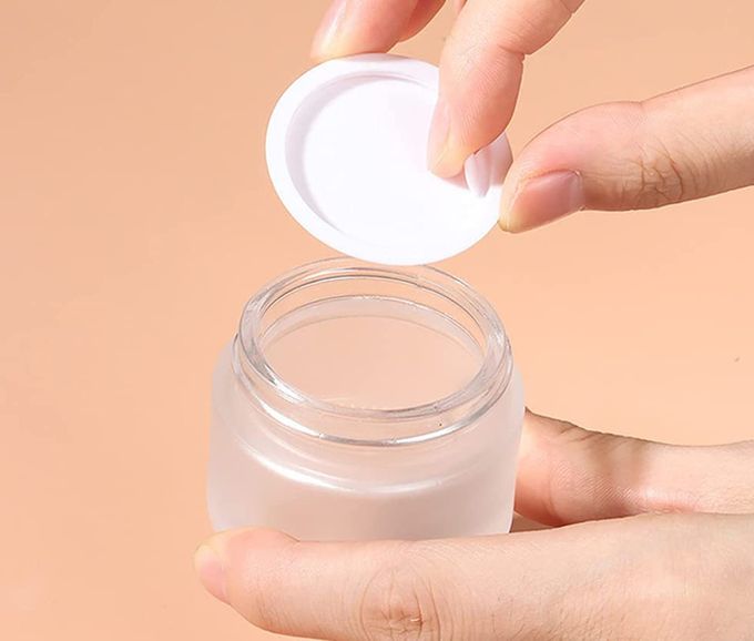 Healthcom 50 Gram/50 Ml Empty Sample Jars Round Frosted Glass Bottle Cosmetic Cream Jar Wood Grain Lid Cosmetic Container Glass Cream Box Refillable Cream Pot Jars For Lip Balm Lotion Eyeshadow,4 Pack - Image 3