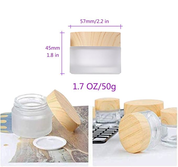 Healthcom 50 Gram/50 Ml Empty Sample Jars Round Frosted Glass Bottle Cosmetic Cream Jar Wood Grain Lid Cosmetic Container Glass Cream Box Refillable Cream Pot Jars For Lip Balm Lotion Eyeshadow,4 Pack - Image 5