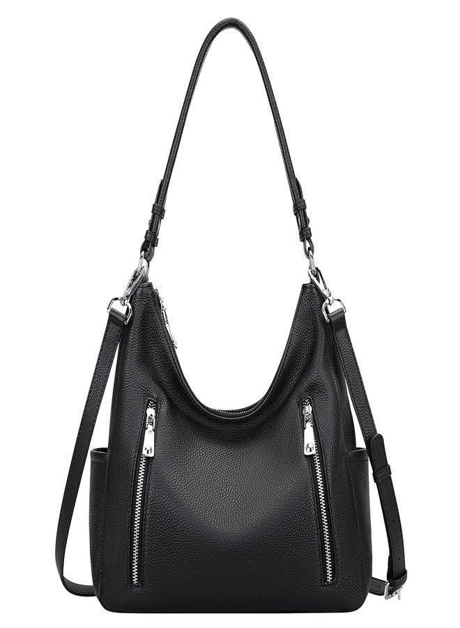 Over Earth Genuine Leather Purses for Women Medium Hobo Bag Lady Crossbody Handbags with 2 Detachable Straps(O150E UG Black) - Image 1