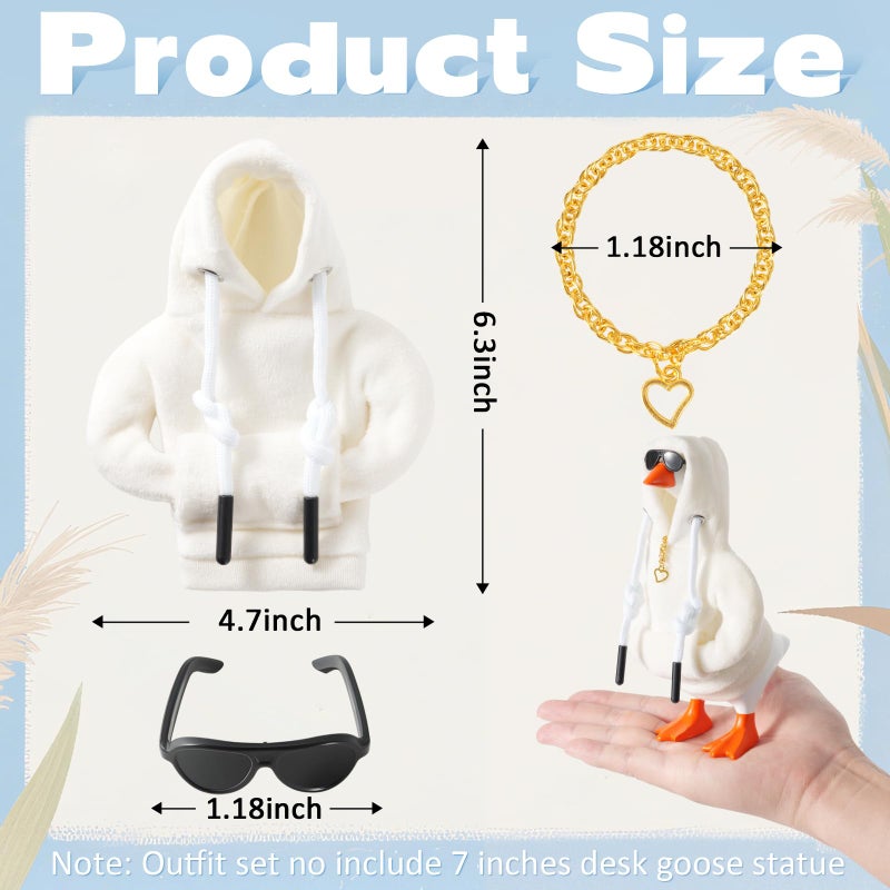 linastu 6 Set 7inch Desk Goose Outfits, Mini Desktop Goose Clothes Desk Goose Accessories Set for Magnetic Goose Statue (White Hoodie+ Sunglasses+ Necklace) - Image 2