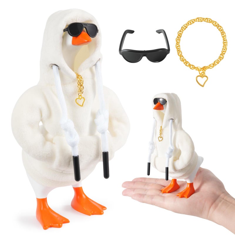 linastu 6 Set 7inch Desk Goose Outfits, Mini Desktop Goose Clothes Desk Goose Accessories Set for Magnetic Goose Statue (White Hoodie+ Sunglasses+ Necklace) - Image 1
