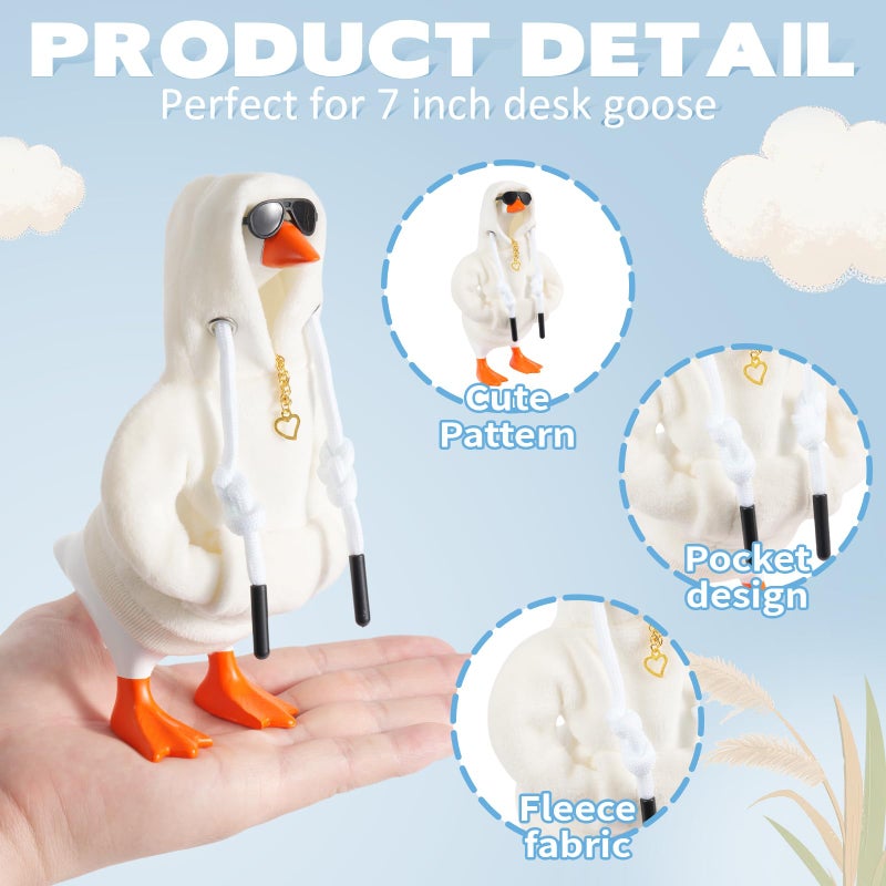 linastu 6 Set 7inch Desk Goose Outfits, Mini Desktop Goose Clothes Desk Goose Accessories Set for Magnetic Goose Statue (White Hoodie+ Sunglasses+ Necklace) - Image 3